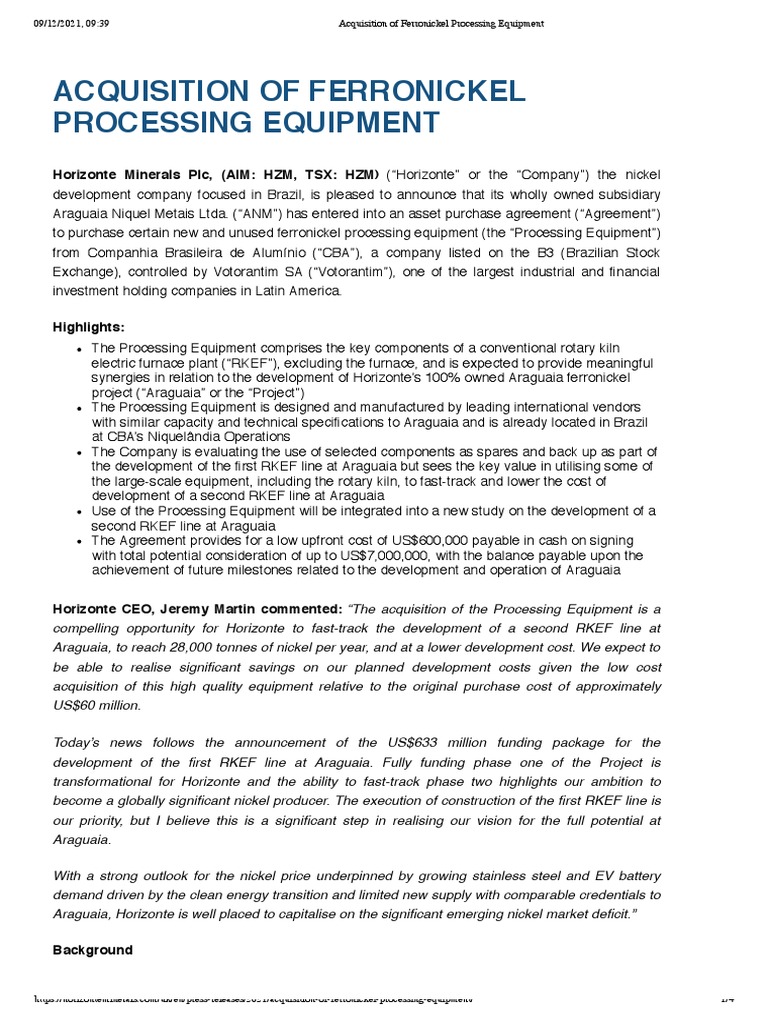 Horizonte Acquires Ferronickel Equipment | PDF | Risk | Mining