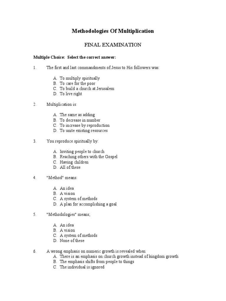Final Exam on Multiplication Methods | PDF | Christian Church | Jesus