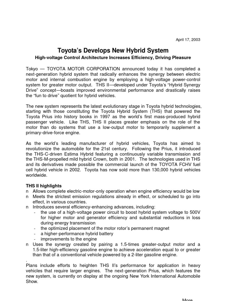 Toyota's Develops New Hybrid System HighVoltage Control Architecture