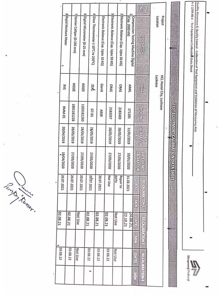 Calibration Data Sheet PDF