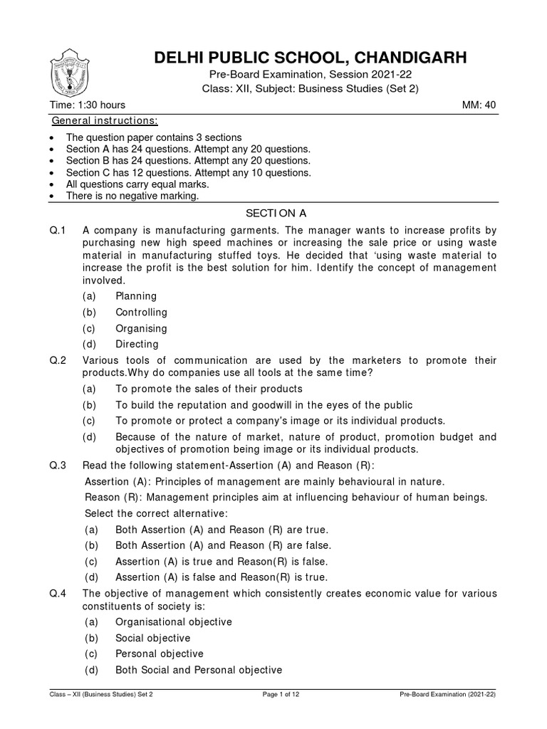 Class XII Business Studies PB Set 2 | PDF | Marketing | Reason