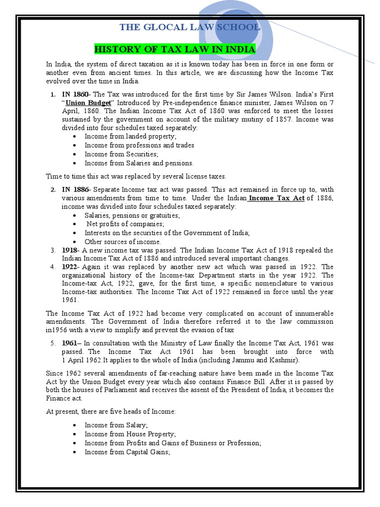 History of Tax Law in India The Glocal Law School PDF Taxes