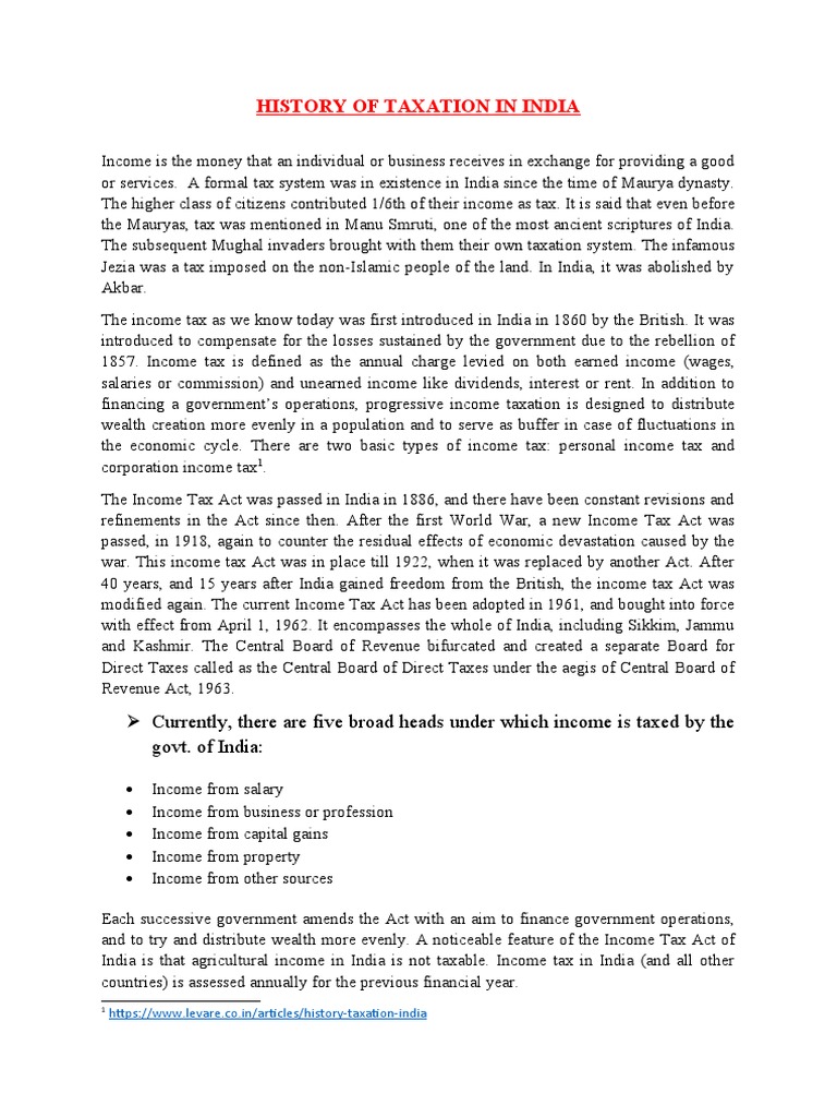 History of Taxation in India Currently, There Are Five Broad Heads