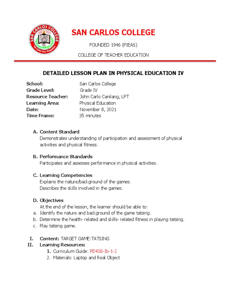 Detailed Lesson Plan in Physical Education IV Target Game Tatsing