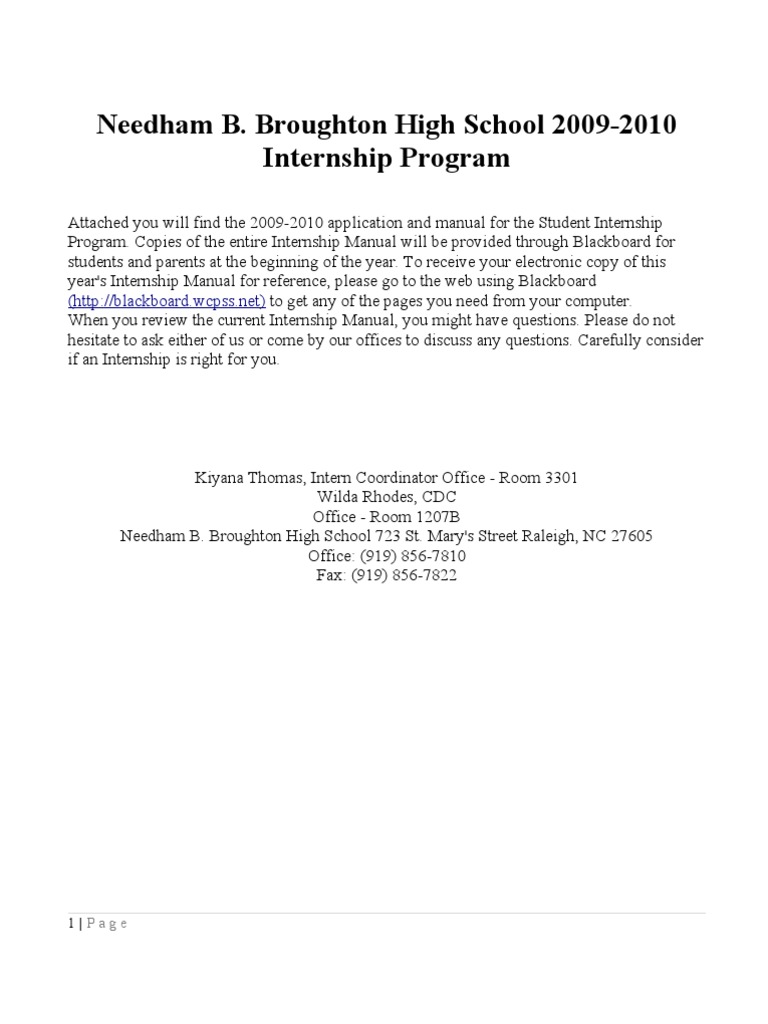 Needham B. Broughton High School 2009-2010 Internship Program | PDF ...