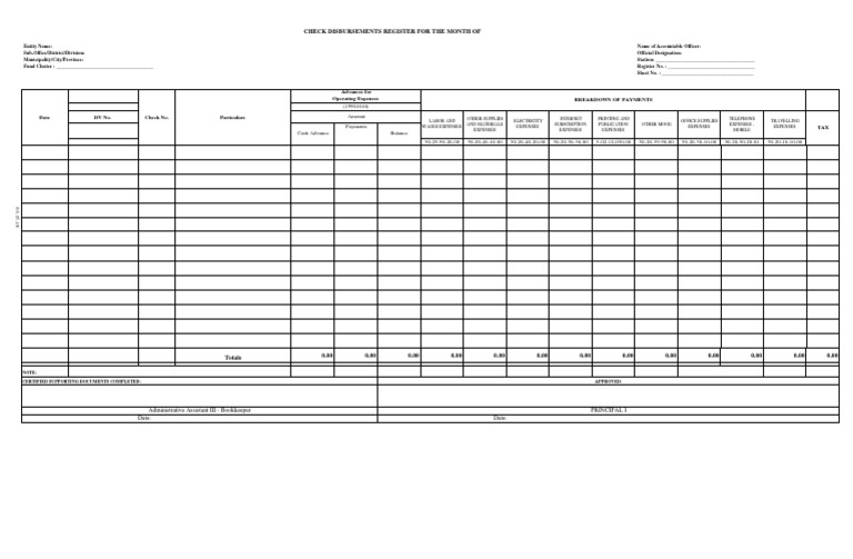 Check Disbursements Register For The Month of PDF Bookkeeping