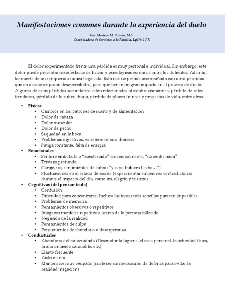Manifestaciones del duelo y sus efectos | PDF | Dolor | Las emociones