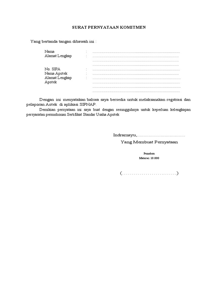 SURAT Pernyataan Komitmen Apotek Sipnap | PDF
