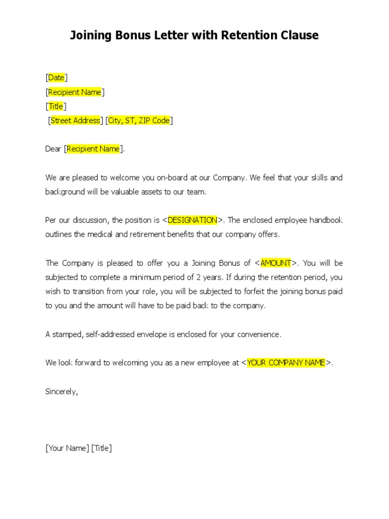 Joining Bonus Letter With Retention Clause | PDF