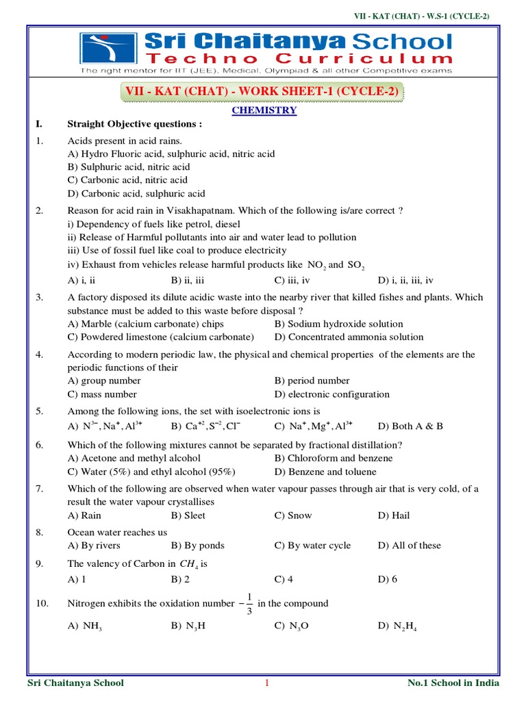 VII KAT (CHAT) Worksheet | PDF | Acid | Chemistry
