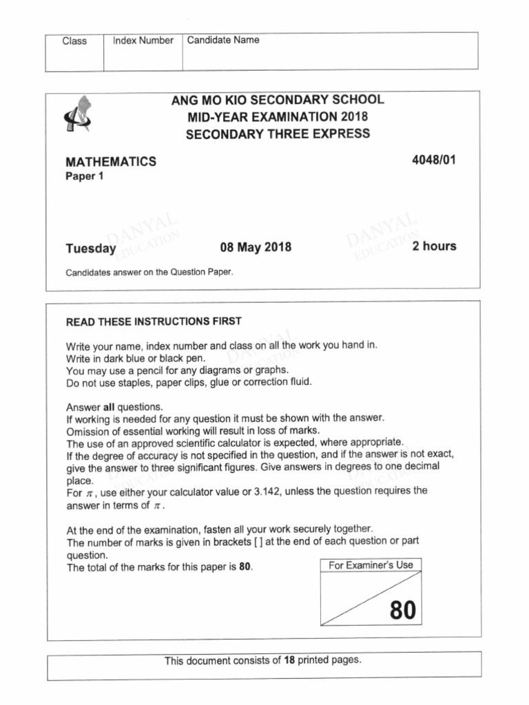 Sec 3 E Math Ang Mo Kio Sec SA1 2018i | PDF | Hard Disk Drive | Triangle