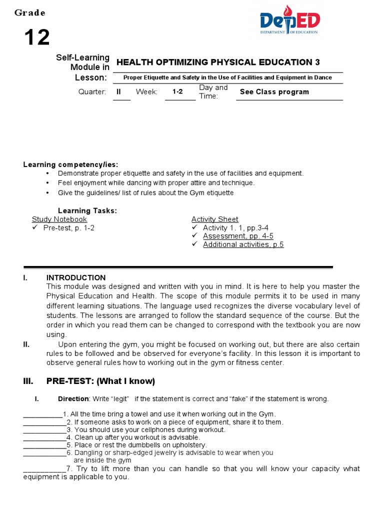 Self-Learning Module in Lesson:: Health Optimizing Physical Education 3 ...