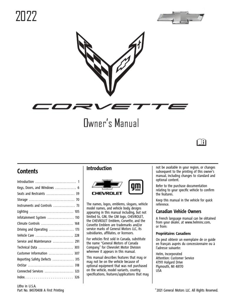 2022 Chevrolet Corvette Owners Manual PDF Car Land Vehicles