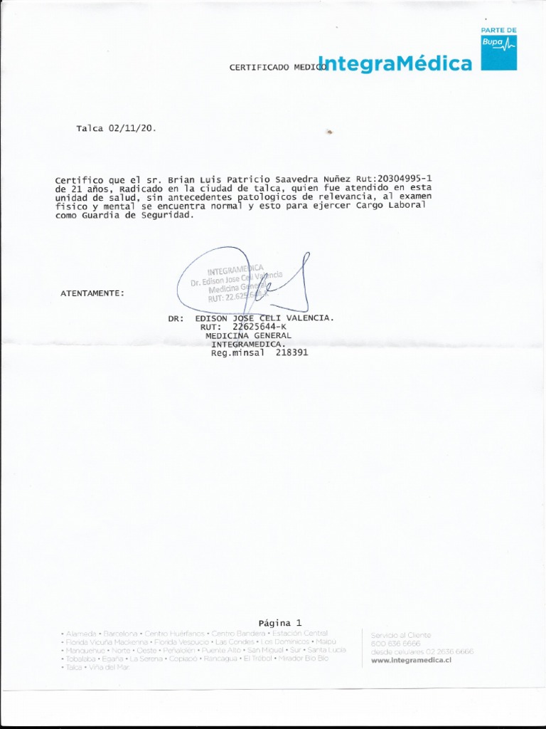Certificado Medico Brian Saavedra (12666) | PDF