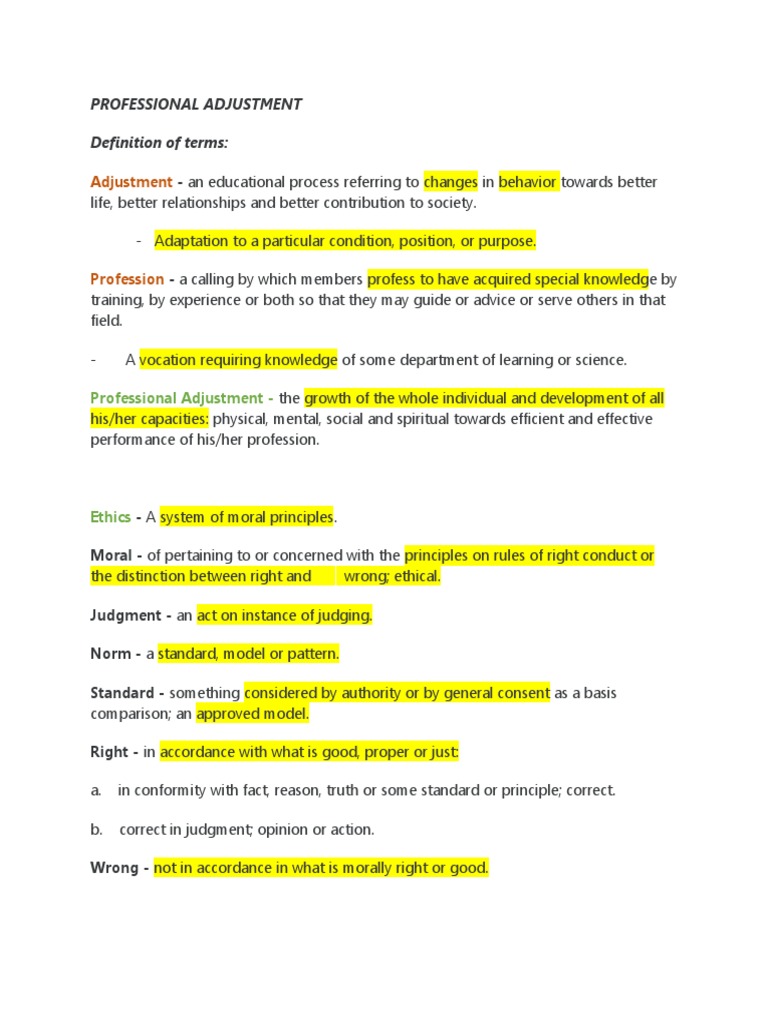 Adjustment Professional Adjustment Definition of Terms PDF Nursing
