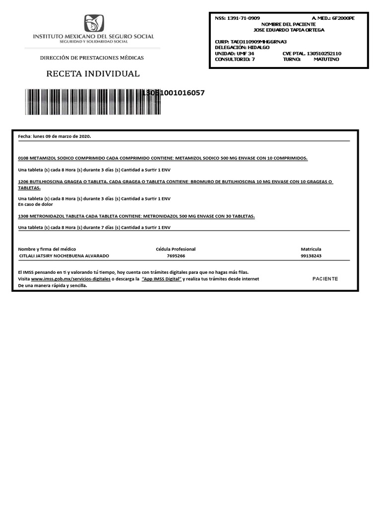 RECETA IMSS DOLOR DE Estomago | PDF