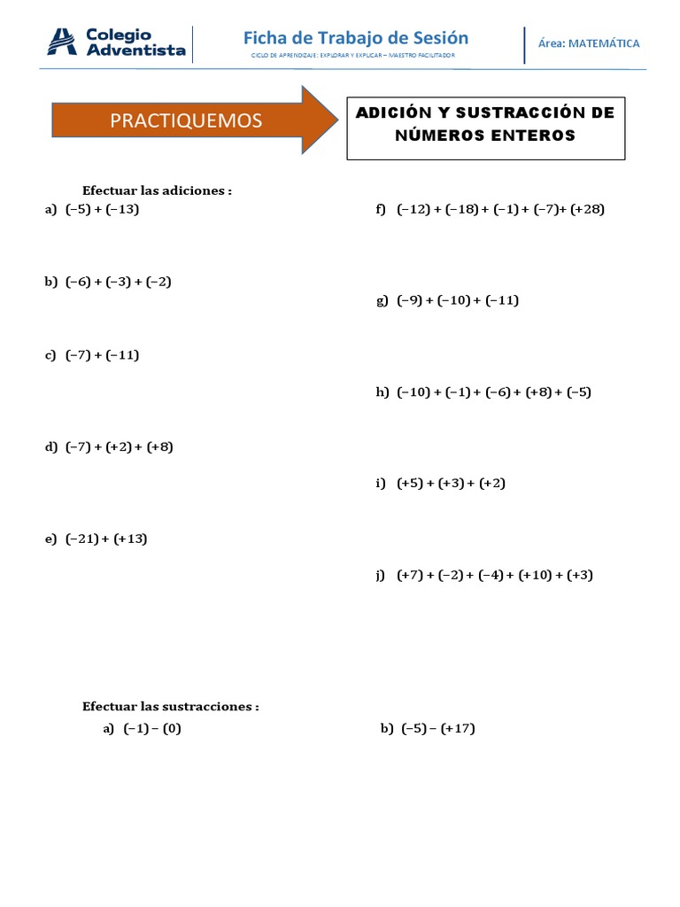 Ficha Trabajo Numeros Enteros Suma y Resta | PDF | Sustracción | Matemáticas, image size:768x1024