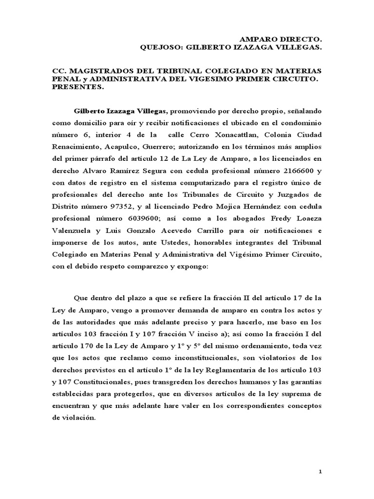 Amparo Directo de Gilberto Izazaga | PDF | Caso de ley | Debido al proceso
