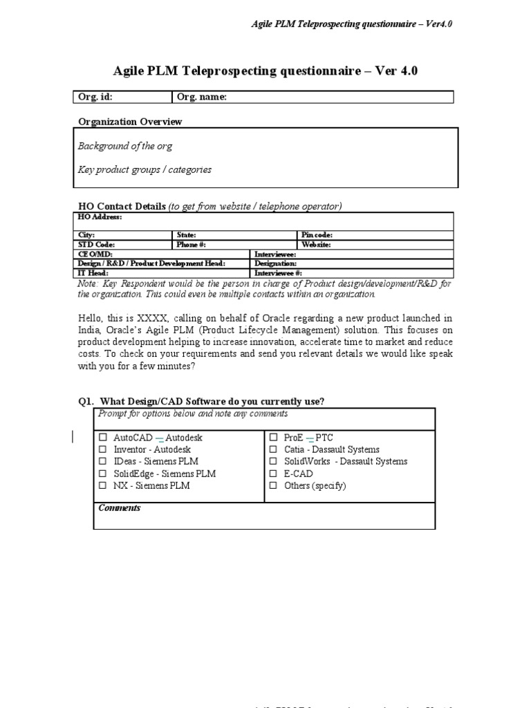 Agile PLM Teleprospecting Questionnaire 4.0 | PDF | Product Lifecycle ...