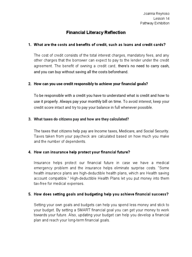 Financial Literacy Reflection | PDF | Finance & Money Management | Credit