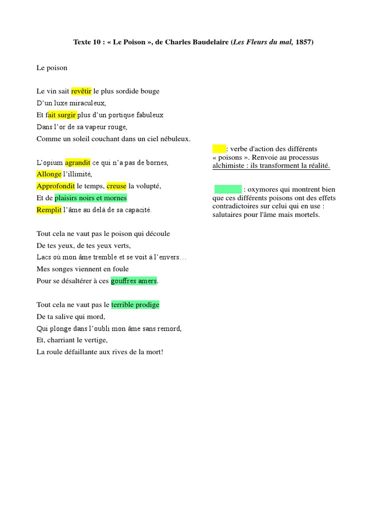 Le Soleil De Baudelaire Analyse Explication Du Poeme Le Poison de Baudelaire Les Deux Premieres Strophes |  PDF | Les Fleurs du mal | Métaphore
