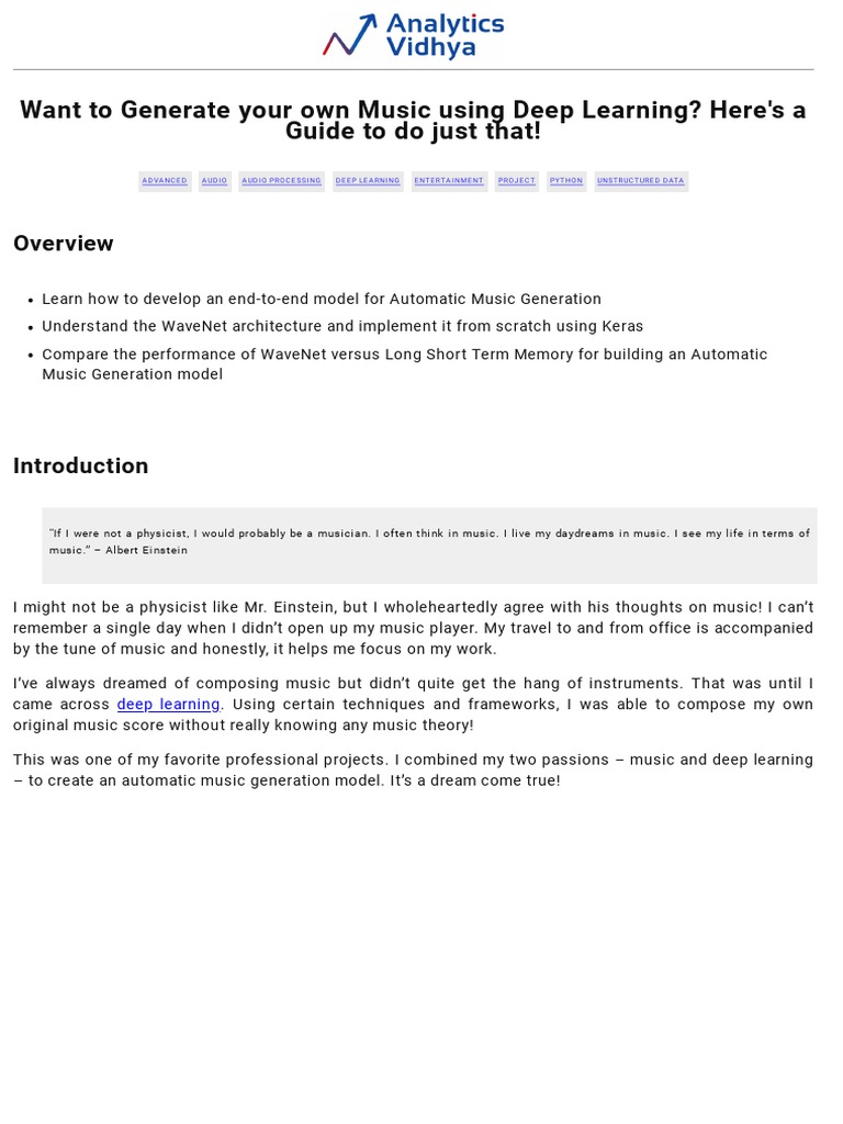 Deep Learning for Automatic Music Generation | PDF | Deep Learning ...
