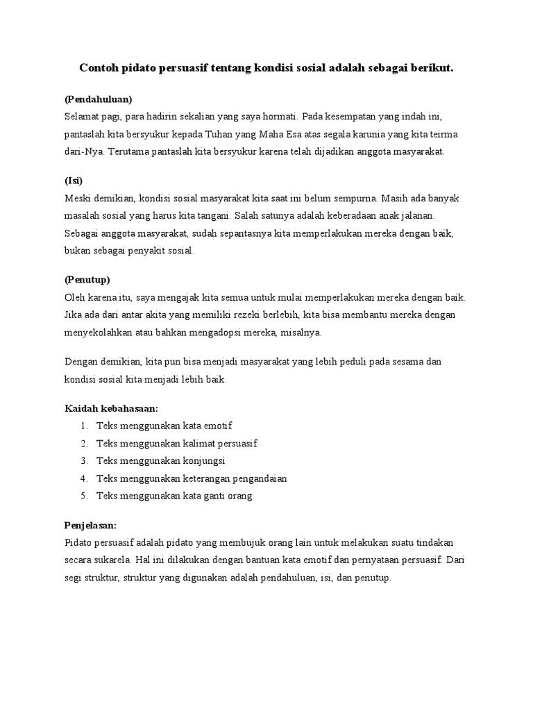 Contoh Pidato Persuasif Tentang Kondisi Sosial Adalah Sebagai