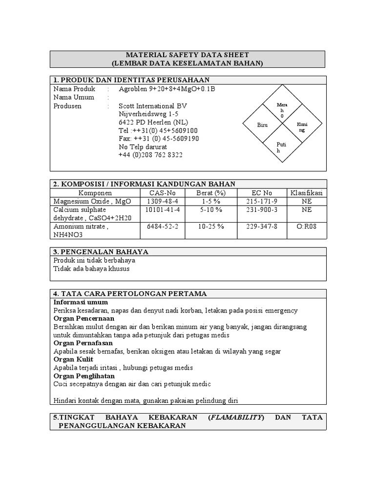 MSDS Pupuk Agroblen 9+20+8+4MgO | PDF