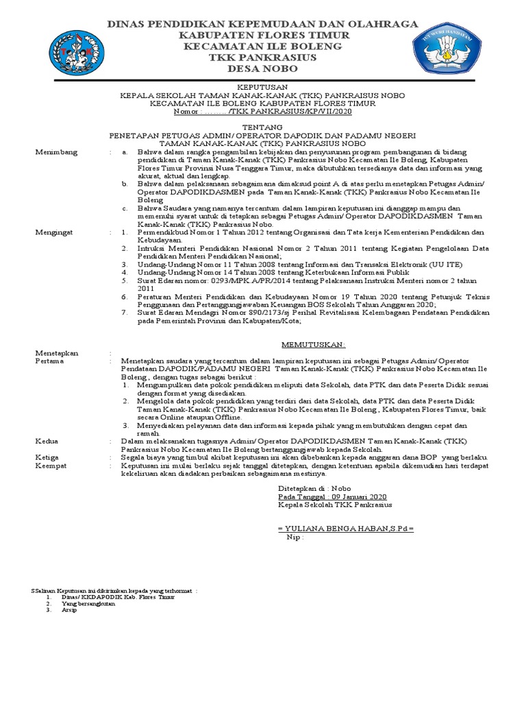 Sk Operator Dapodikdasmen Terbaru Tahun 2020 2021 Pdf