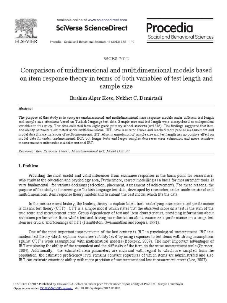 Comparison of Unidimensional and Multidimensional Models Based On Item ...
