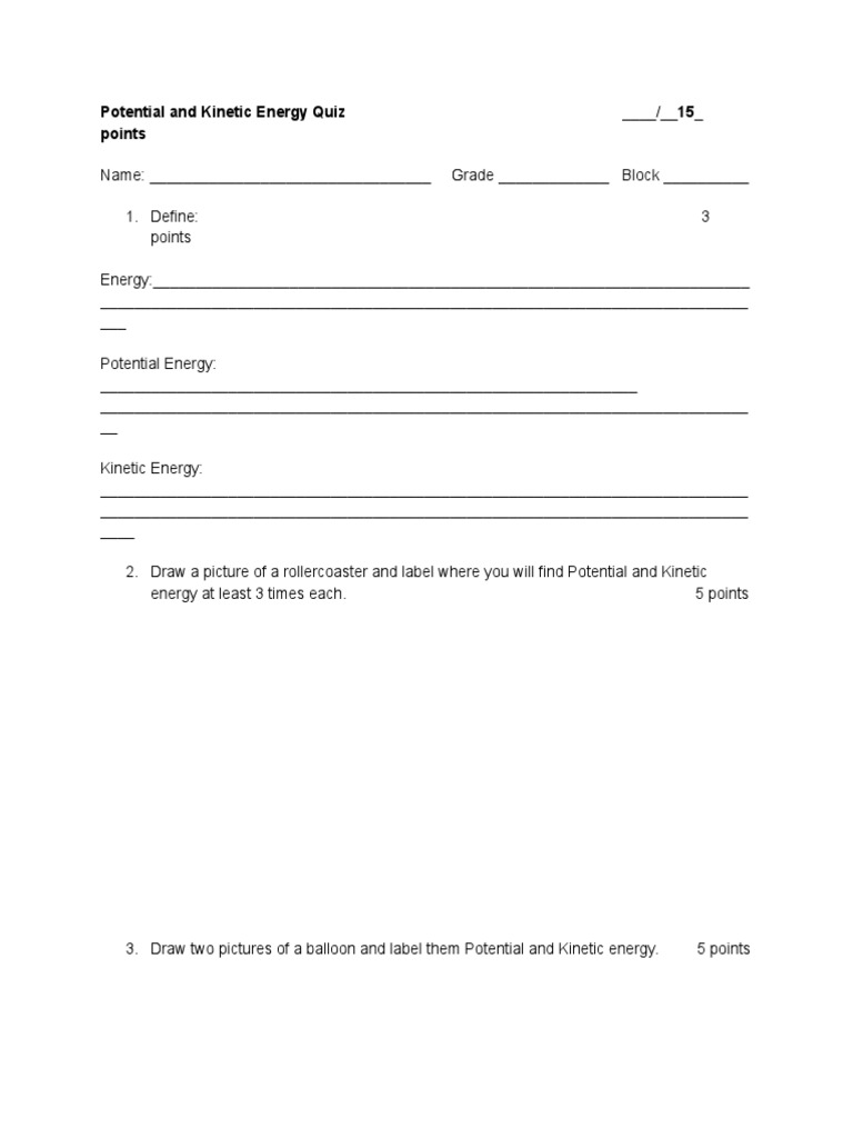 Potential and Kinetic Energy Quiz 15 Points 1 | PDF | Classical ...