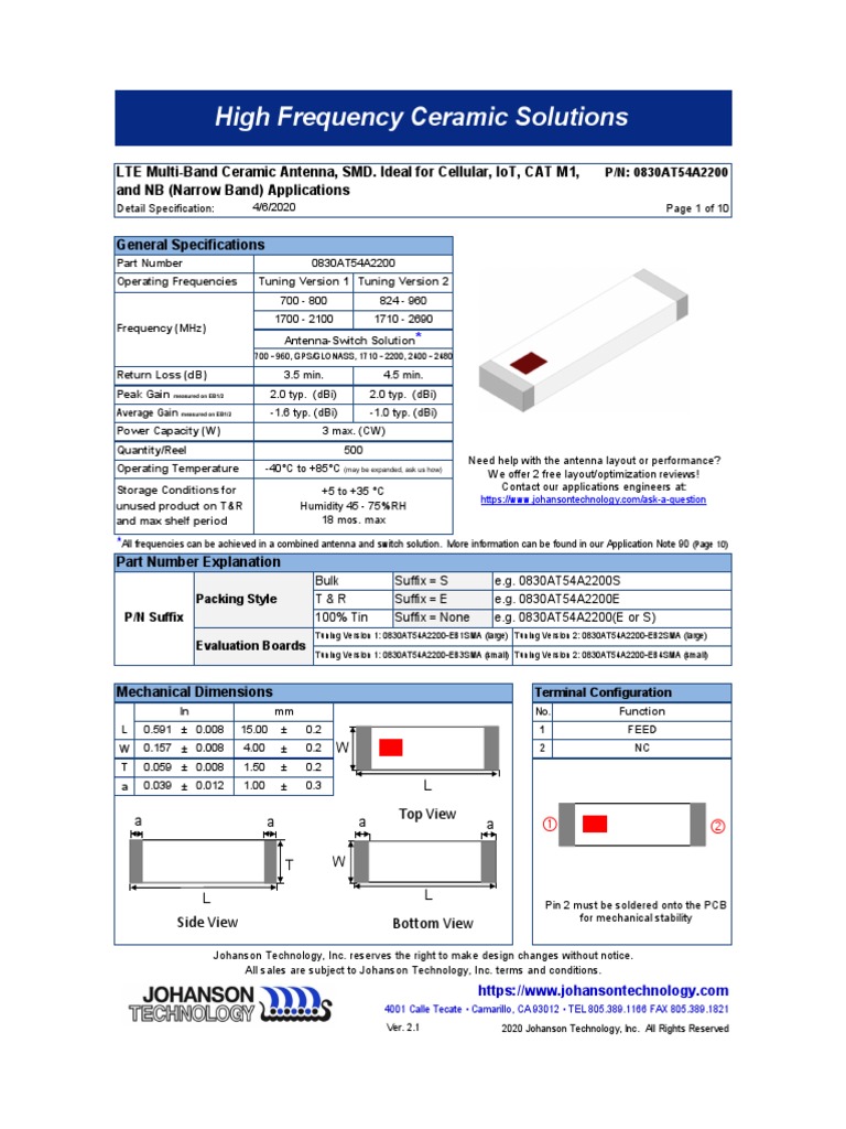 0830AT54A2200 LTE MultiBand Ceramic Antenna Johanson PDF