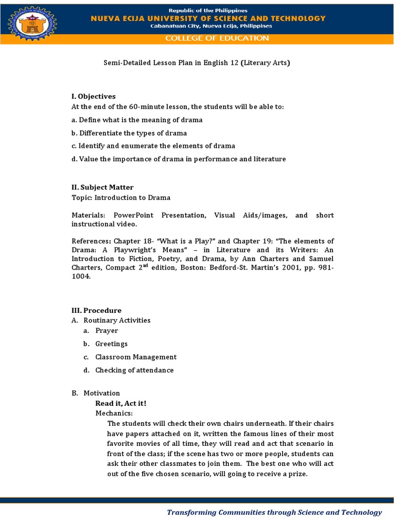 Introduction to Drama Lesson Plan | PDF | Plot (Narrative) | Tragedy