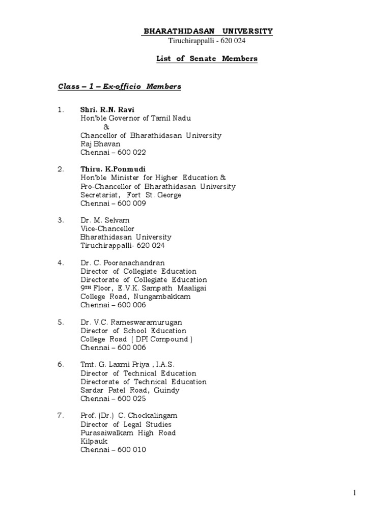 Class 1 ExOfficio Members Bharathidasan University List of Senate
