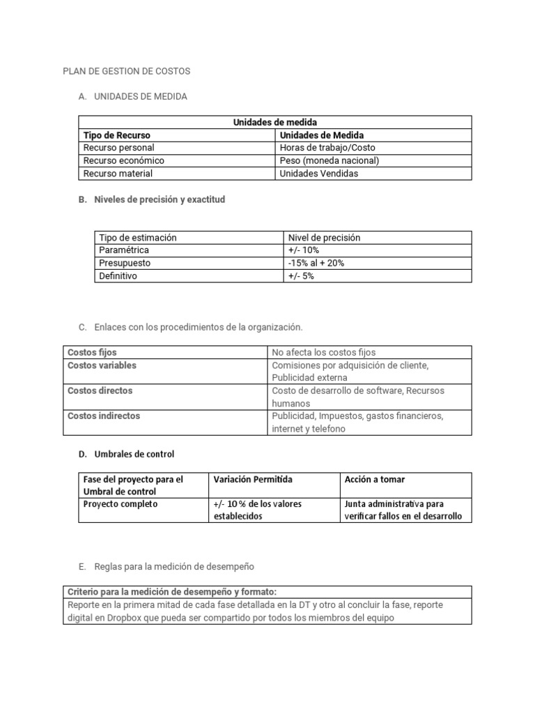 Plan de Gestión de Costos del Proyecto | PDF | Presupuesto | Costo
