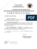 Certification: Office of The Punong Barangay