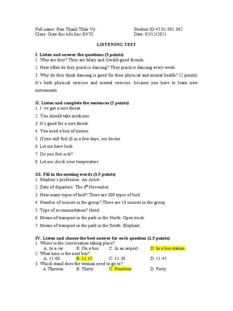 Listening Test I. Listen and Answer The Questions (3 Points) | PDF ...