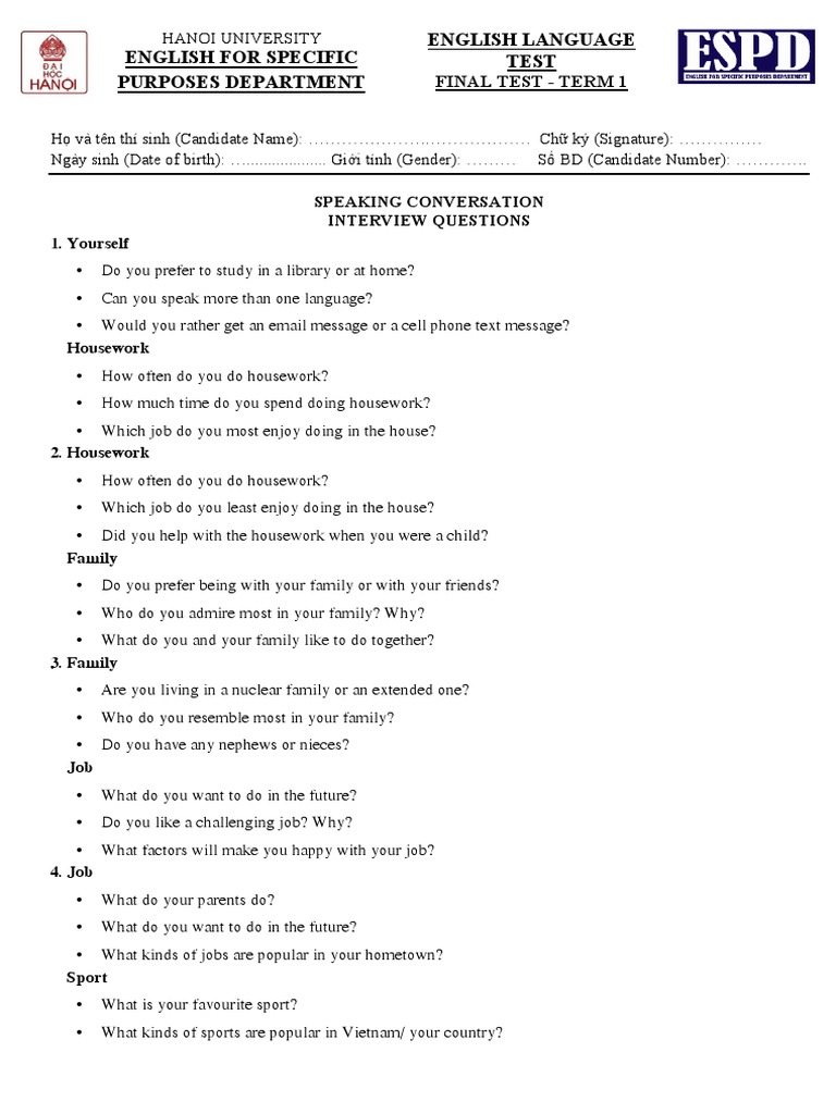 ESPD Speaking Conversation Final Test Marking Guide 2021 2022 2 | PDF ...