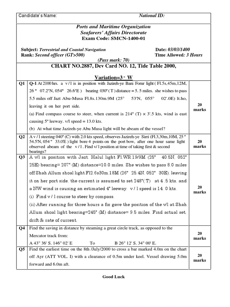 Navigation Exam with Questions on Coastal Navigation Involving Position
