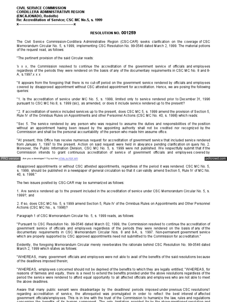 CSC clarifies accreditation of service under MC No. 5 PDF Equity
