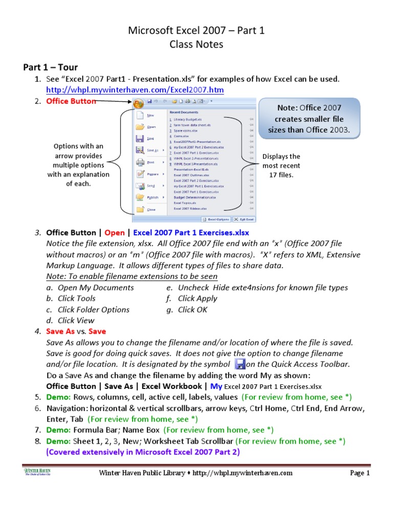 Excel 2007 Part 1 Class Notes Guide | PDF | Microsoft Excel | Spreadsheet