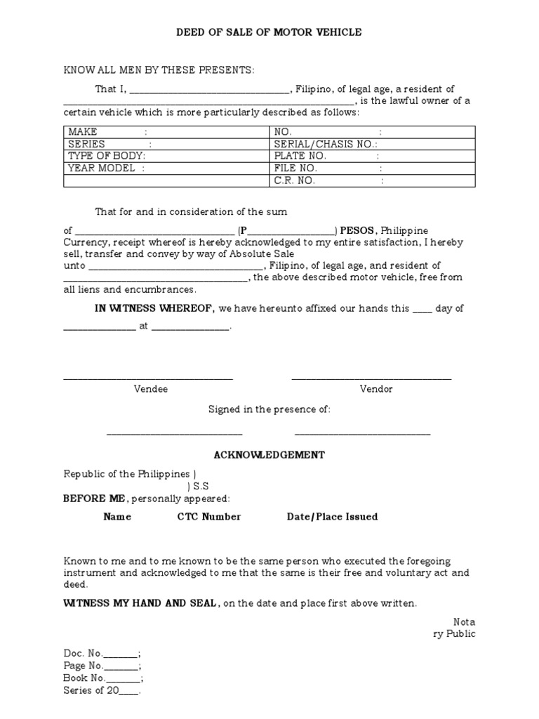 Deed of Sale of Motor Vehicle | PDF