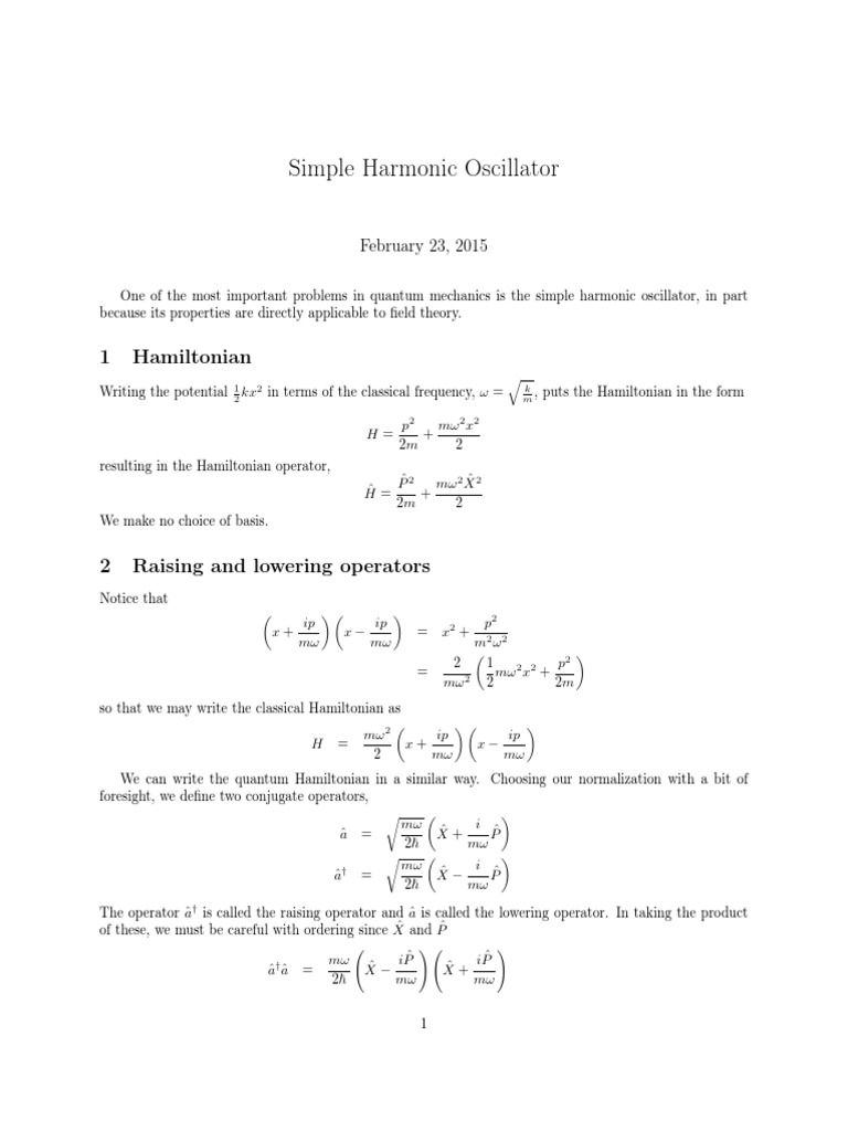 Simple Harmonic Oscillator 1 Hamiltonian PDF Hamiltonian (Quantum
