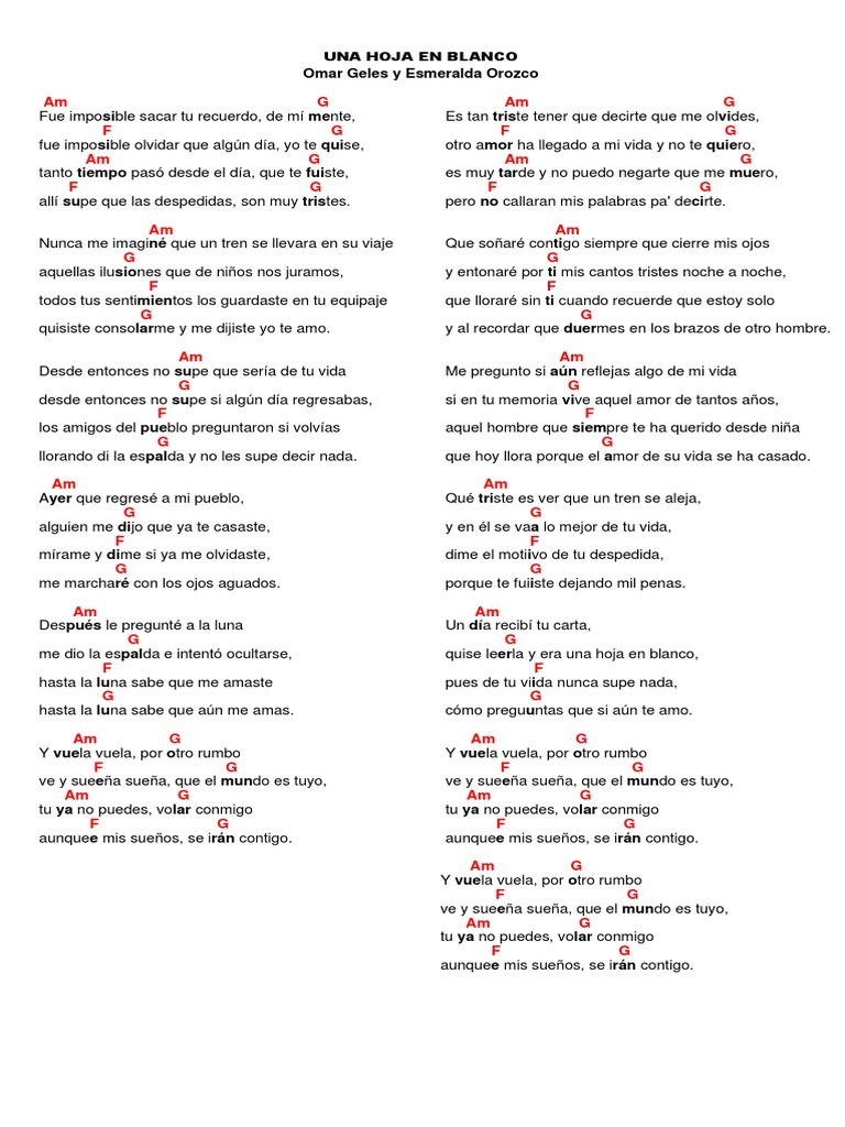 Canción Hoja en Blanco (Omar Geles y Esmeralda Orozco) Acordes PDF