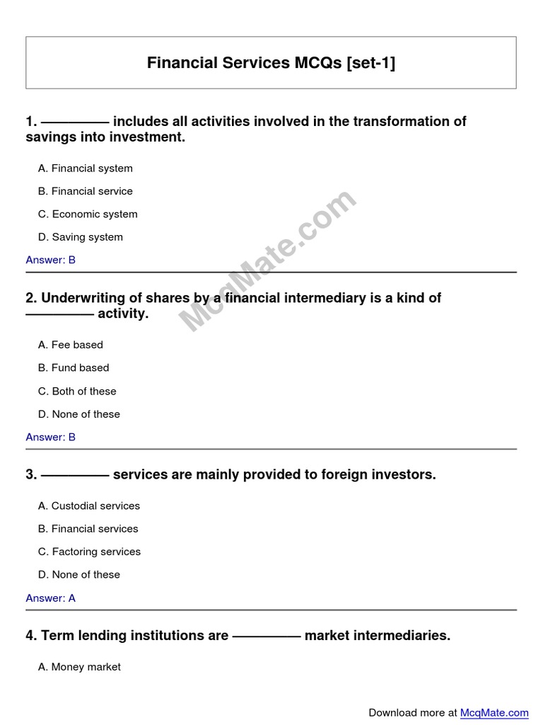 Financial Services MCQs Set 1 | PDF | Factoring (Finance) | Mutual Funds