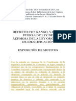 DECRETO CON RANGO, VALOR Y FUERZA  DE LEY DE REFORMA DE LA LEY ORGANICA DE IDENTIFICACIÓN VENEZOLANA 
