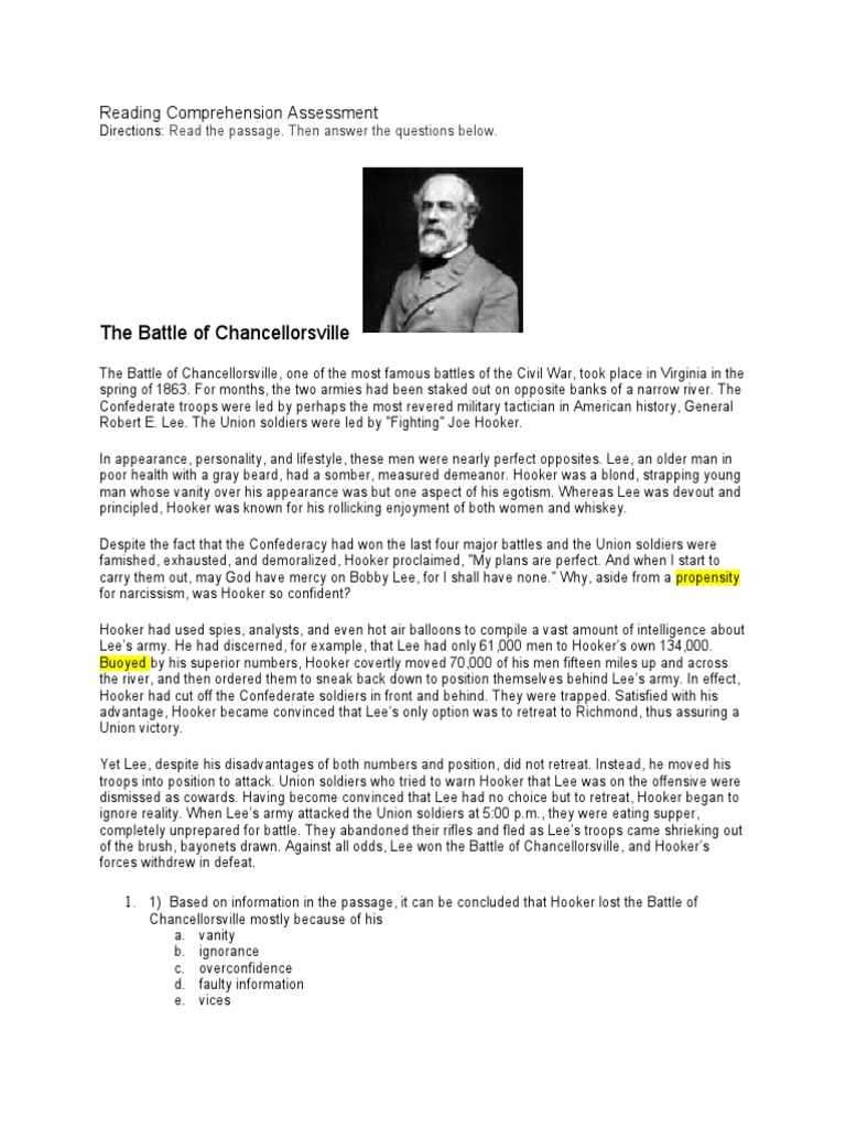 The Battle of Chancellorsville: Reading Comprehension Assessment | PDF ...