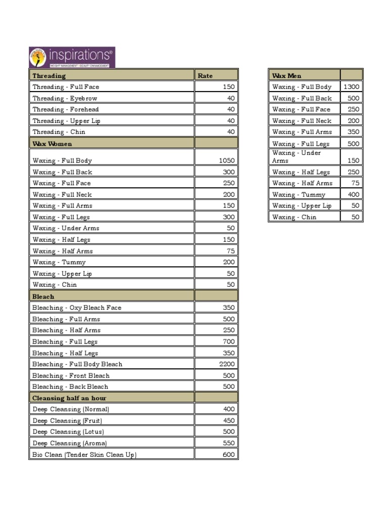 Threading Rate Wax Men Download Free PDF Hair Beauty
