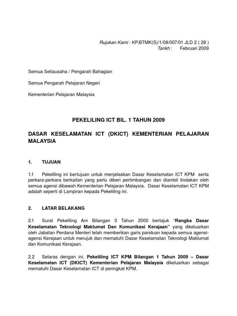 Pekeliling Ict Bil 1 Tahun 2009 Dasar Keselamatan Ict Pdf