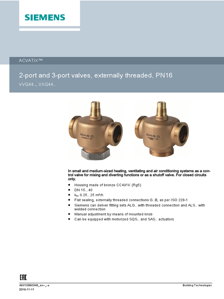 2Port and 3Port Valves, Externally Threaded, PN16 Acvatix™ PDF